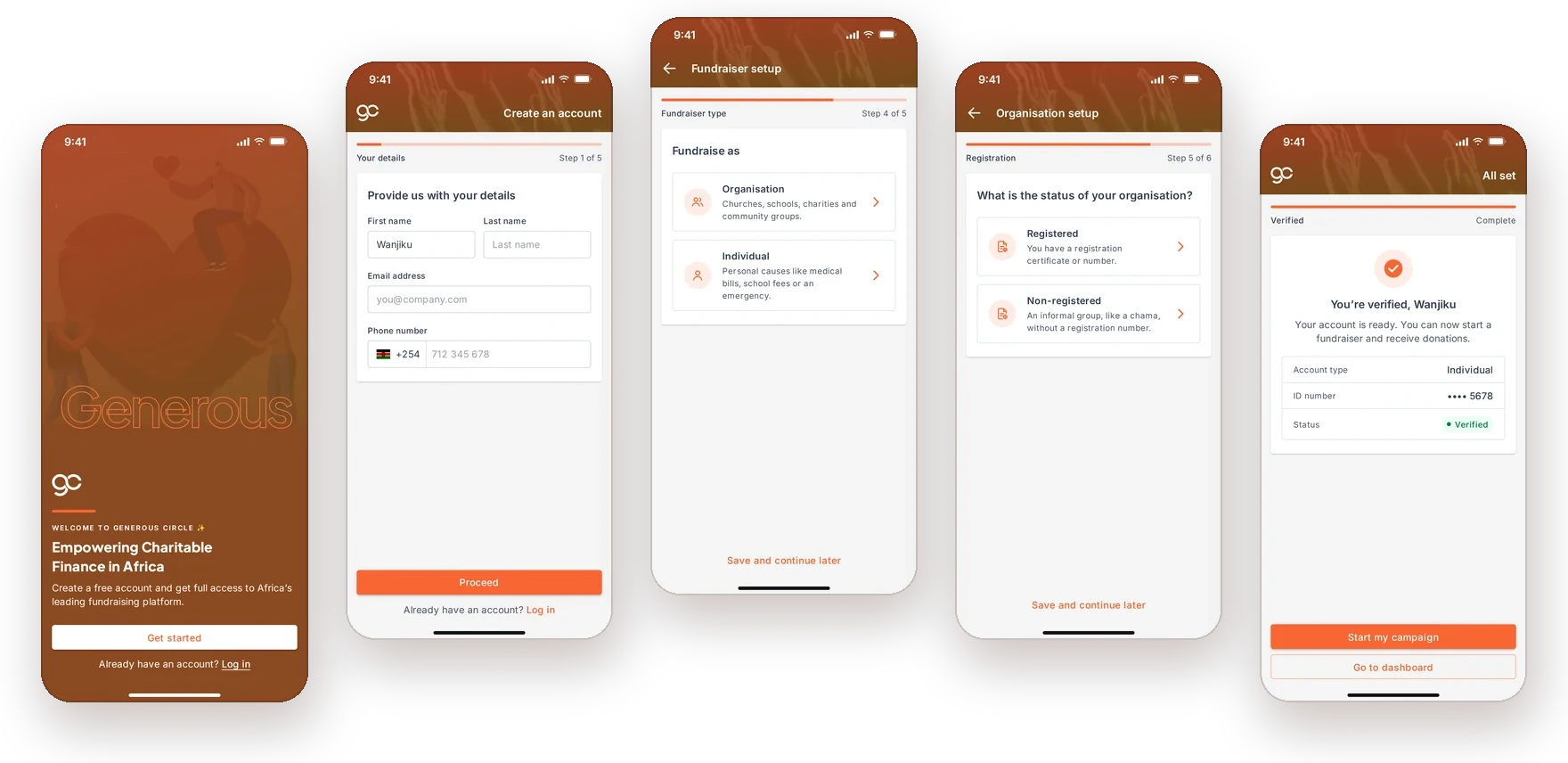 Five Generous Circle mobile screens side by side: welcome, create an account, fundraiser type, organisation status and verified