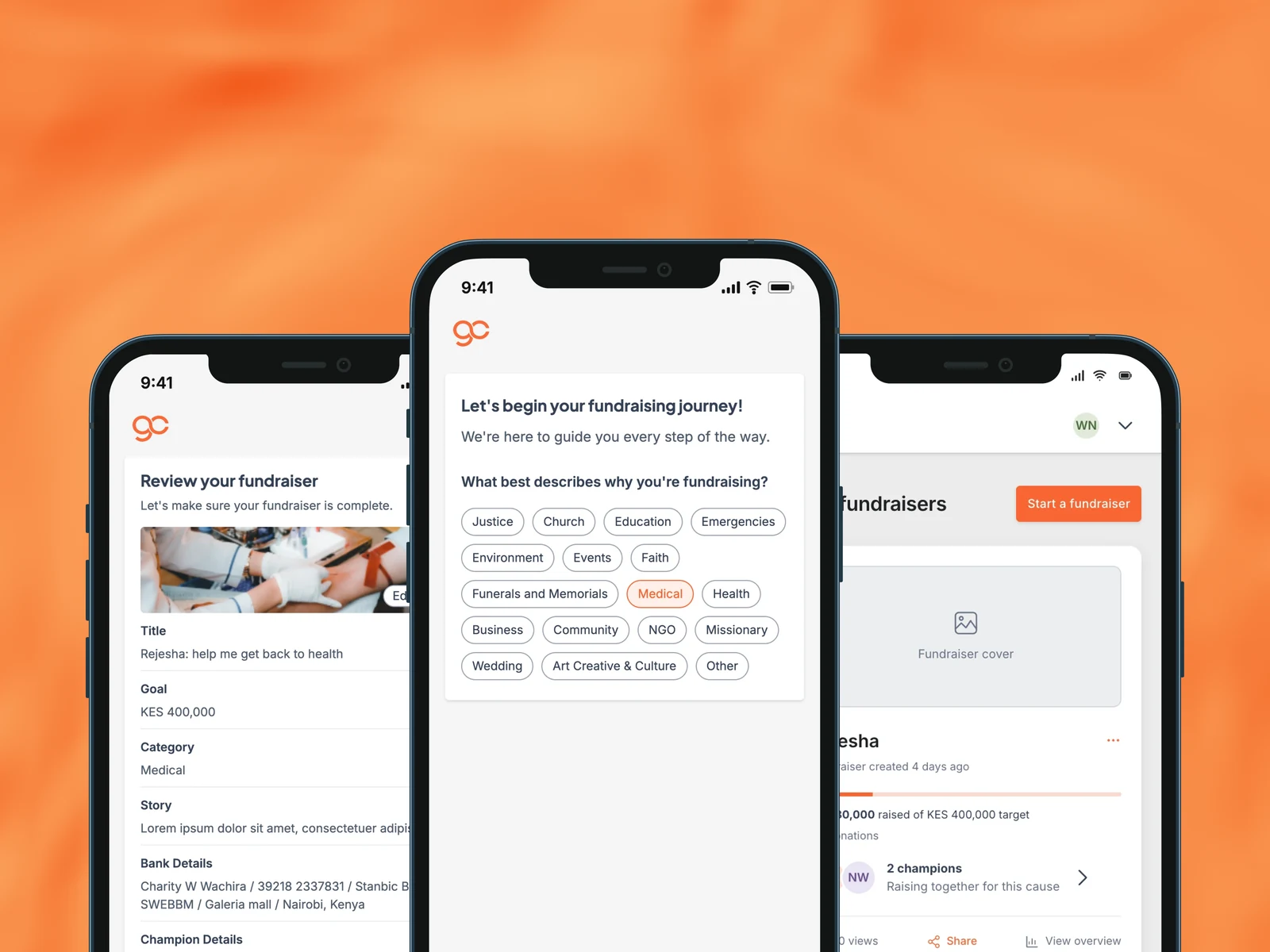 Generous Circle fundraiser setup screens, from choosing who you are raising for to the review