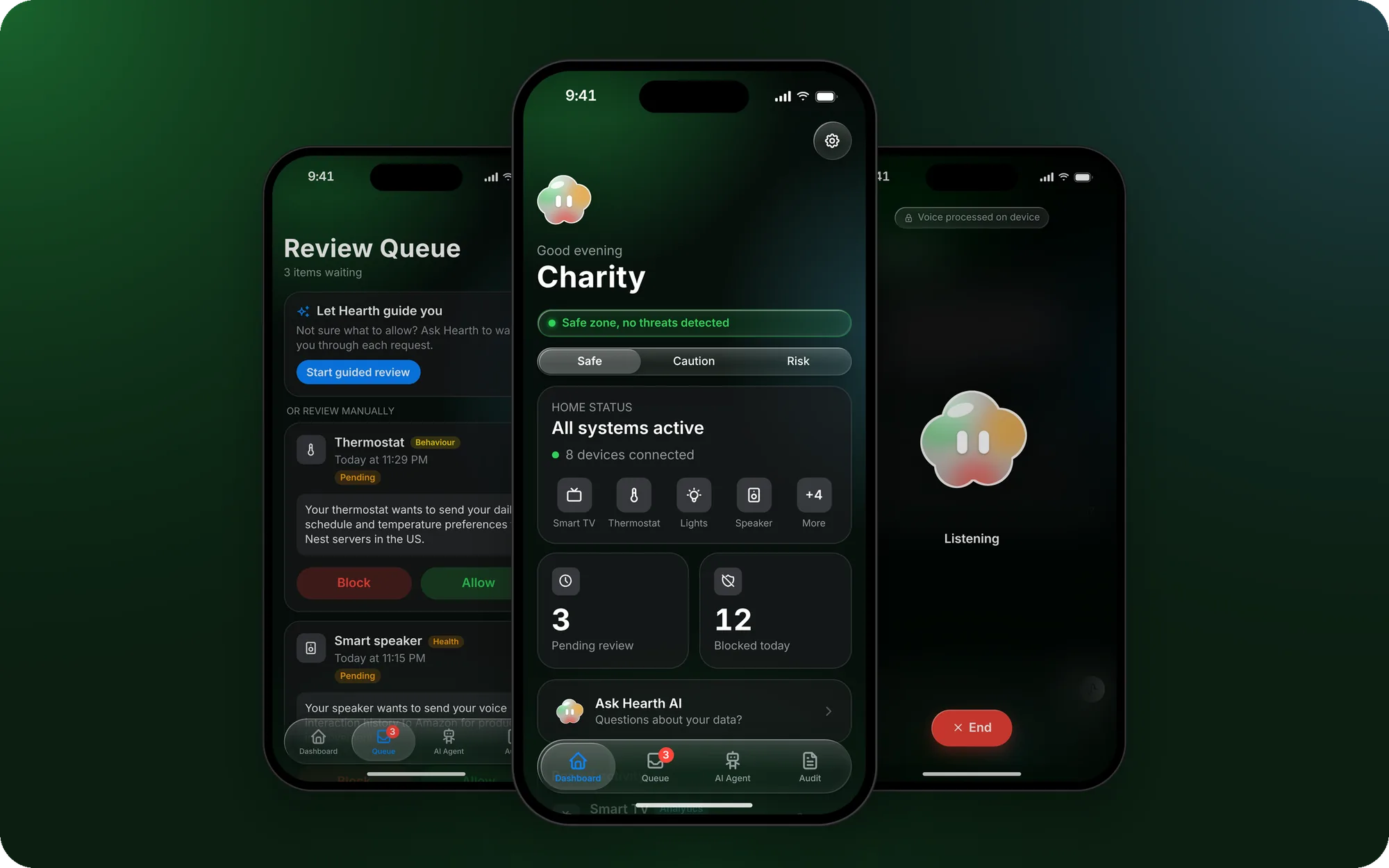 Three Hearth screens on iPhones: the review queue, the dashboard with the glass cloud character and a safe zone, and voice mode listening