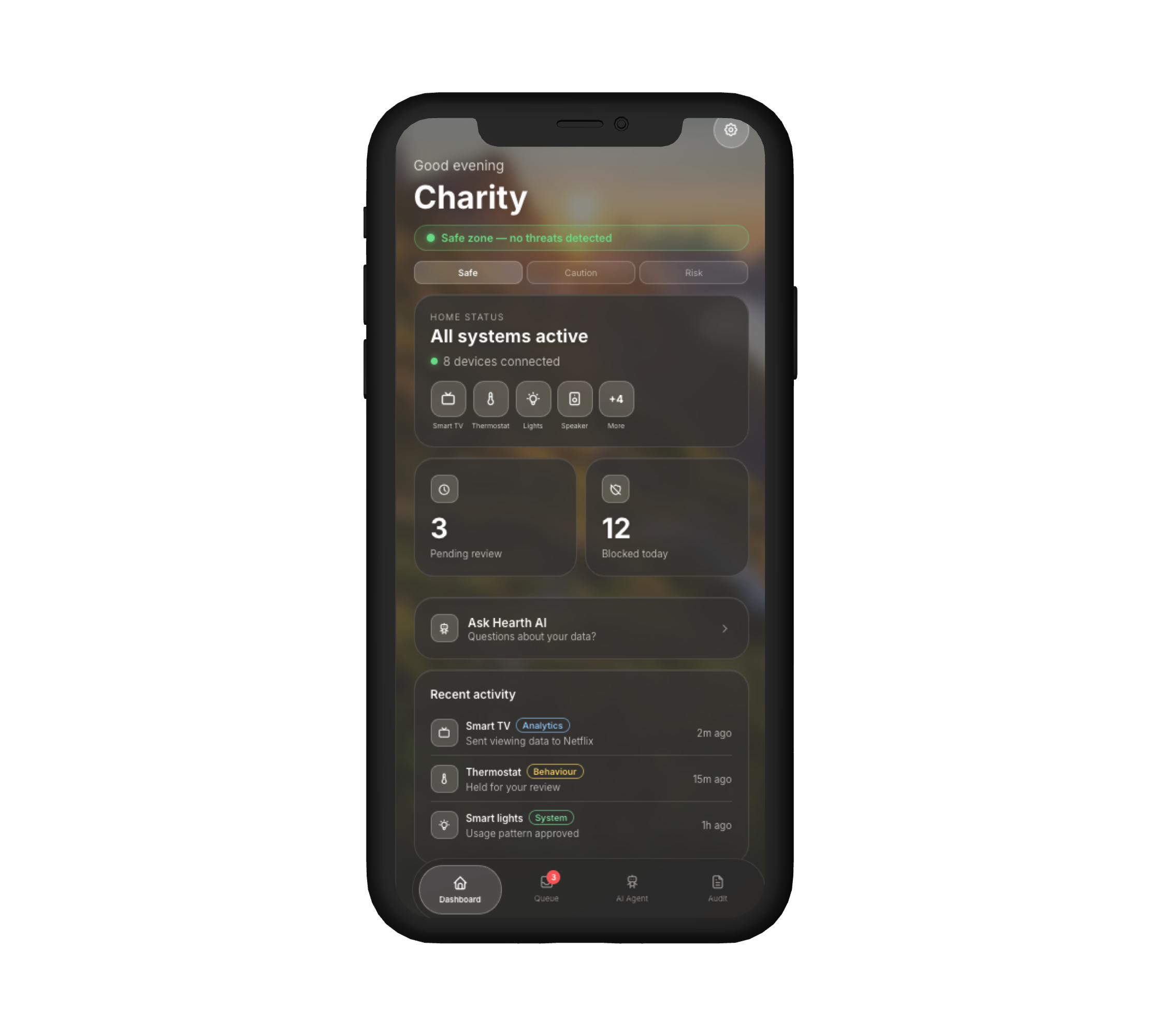 Dashboard showing Safe zone, 8 devices connected, recent activity