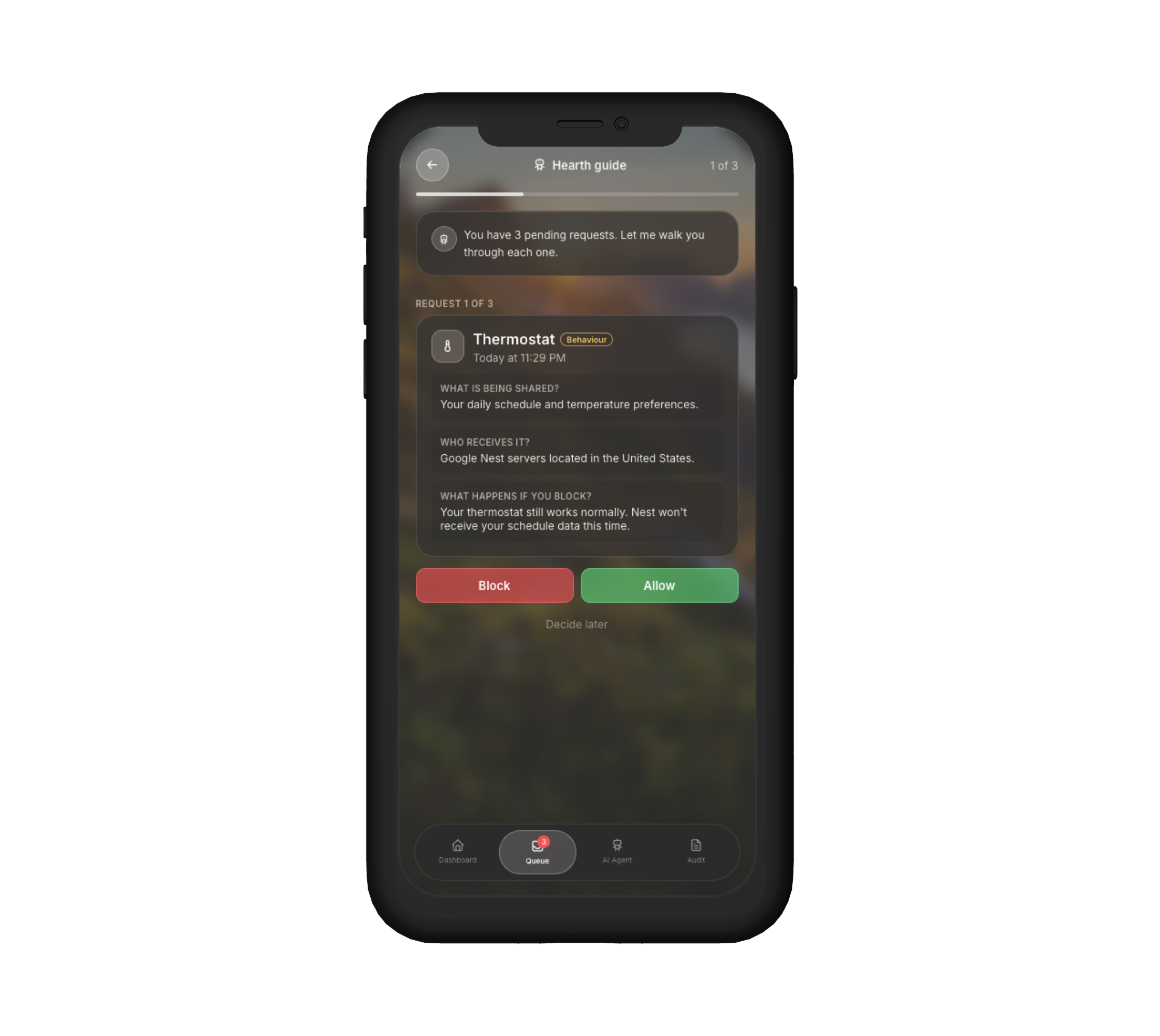 Guided Review walking through a Thermostat data request