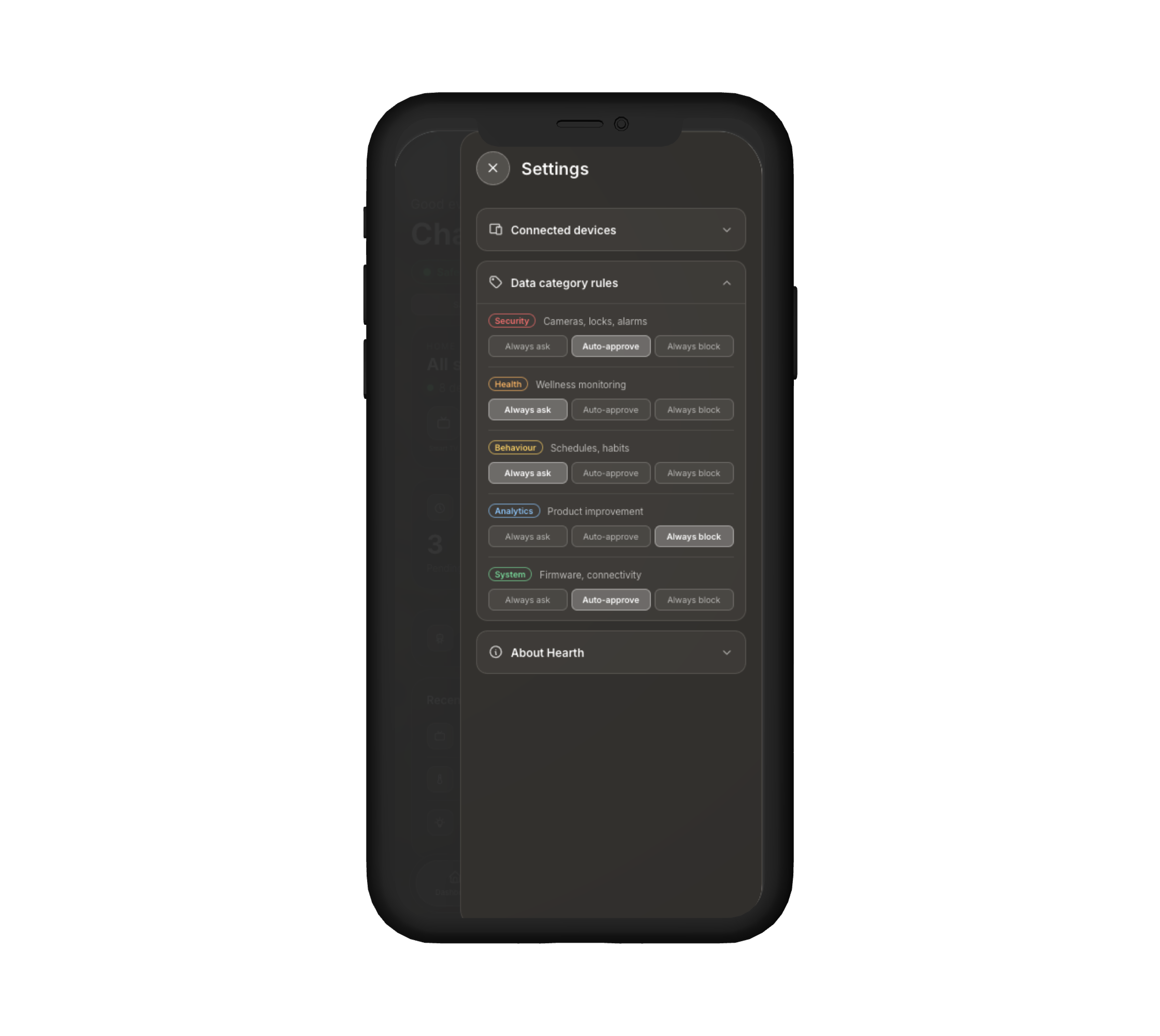 Settings screen showing connected devices and data category rules