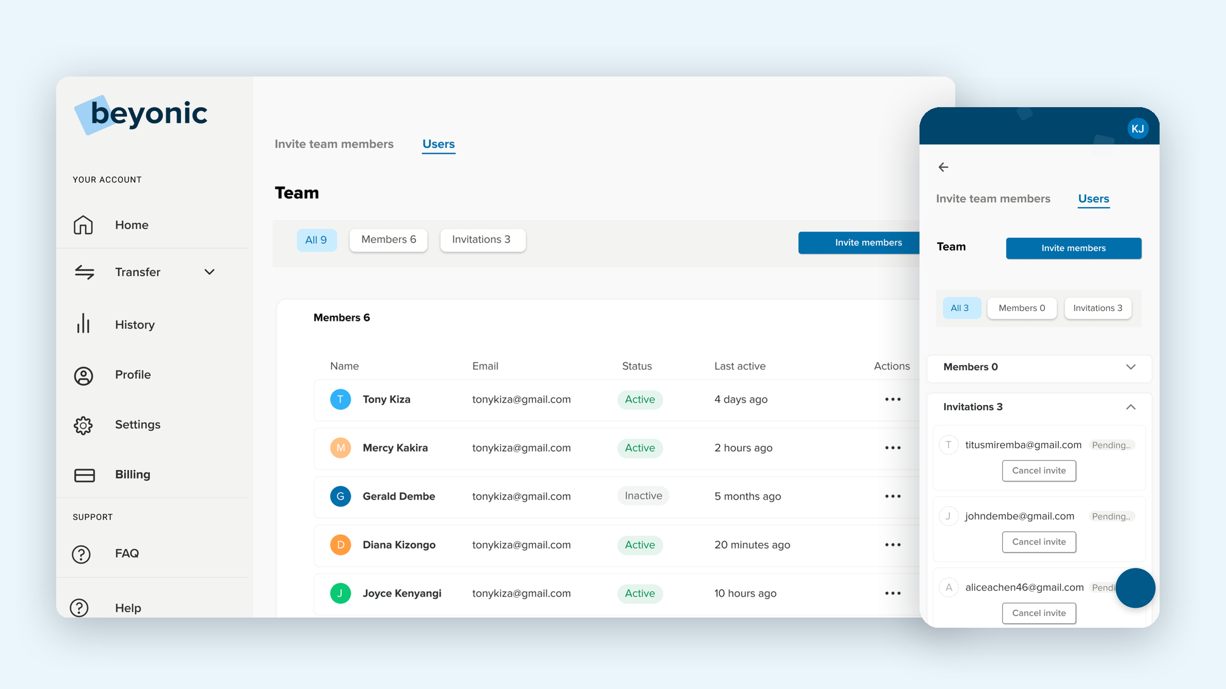 Beyonic's Team page on desktop, listing members with their status and last active time, beside the mobile view with pending invitations