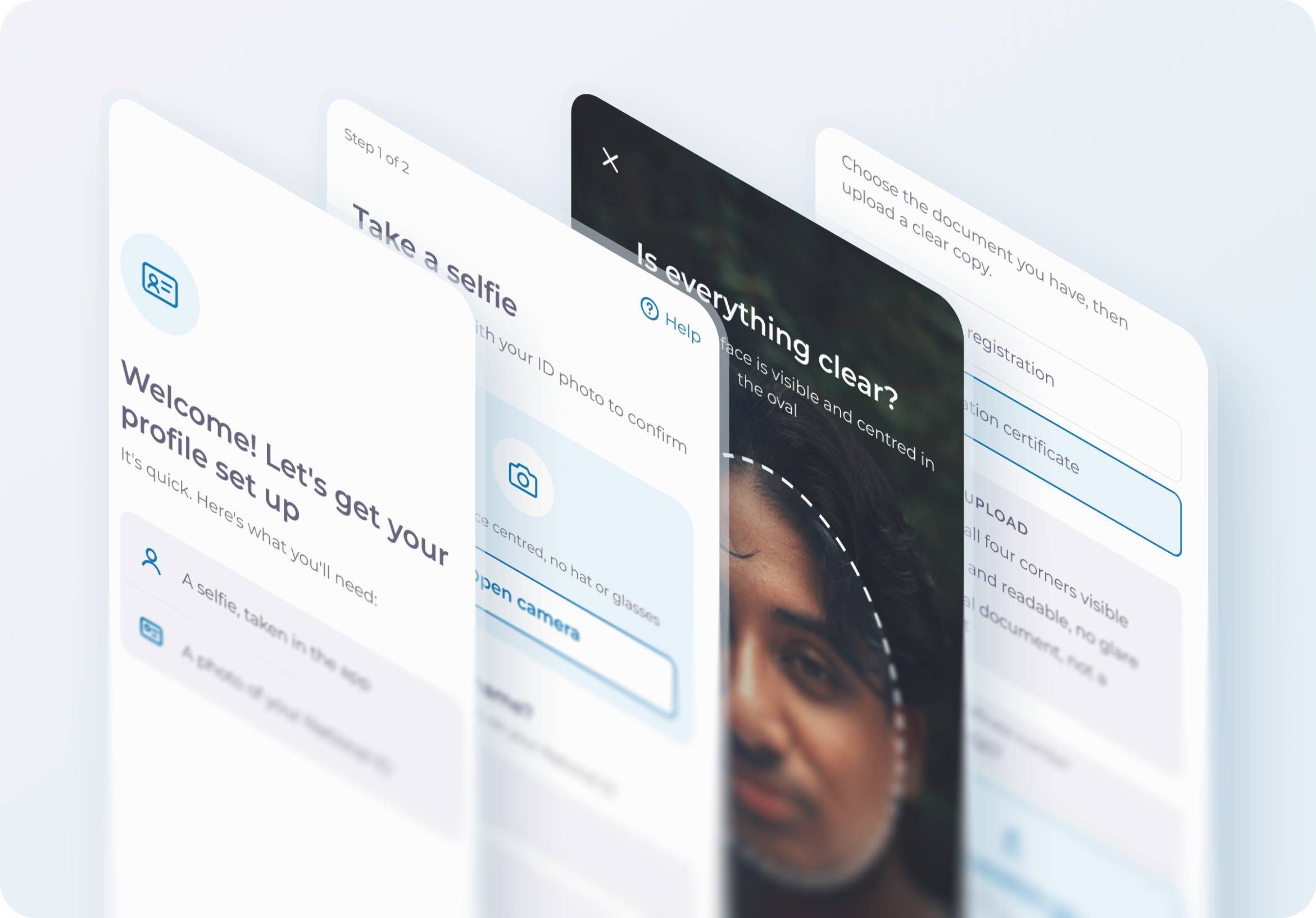 The redesigned Beyonic verification screens, tilted and layered: welcome, take a selfie, selfie camera, and business documents
