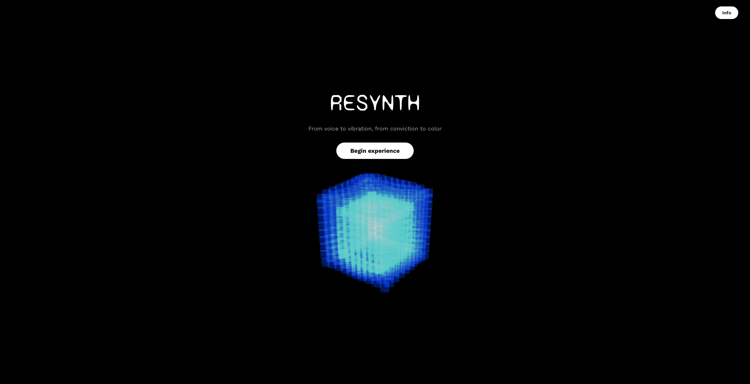 Resynth landing screen with title, tagline, and the reactive cube